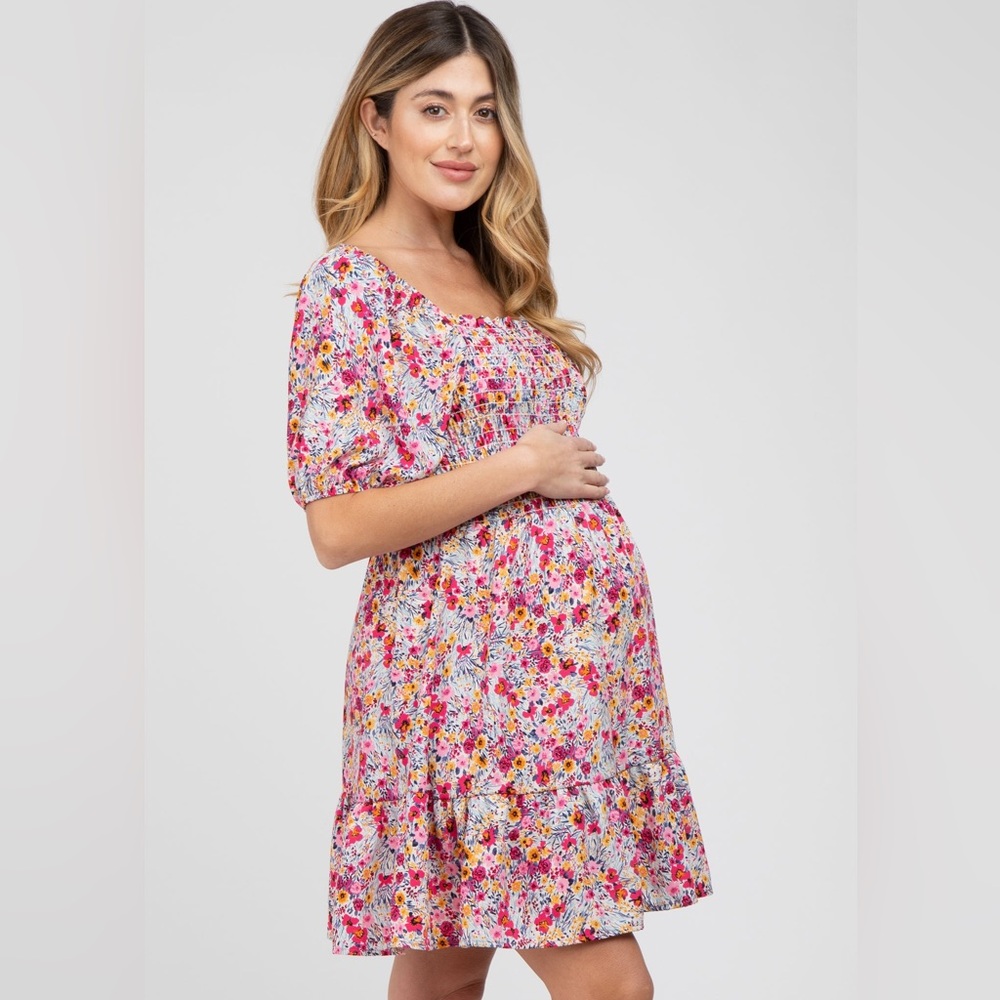 First Love By Lovelyn Fuchsia Smocked Maternity Mini Floral Dress Size Medium